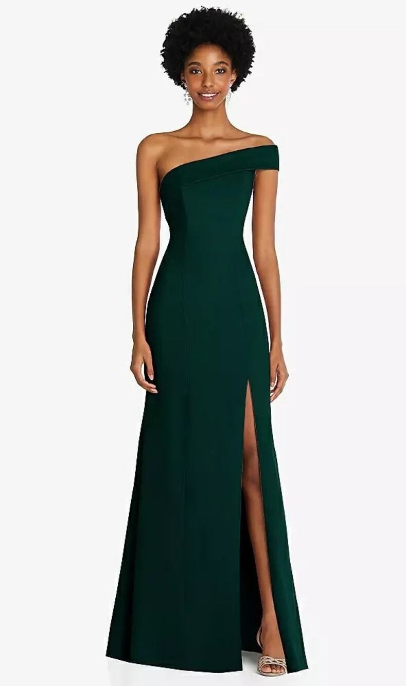 NWOT After Six One-Shoulder Gown Side Slit Floor Length Evergreen Size 16